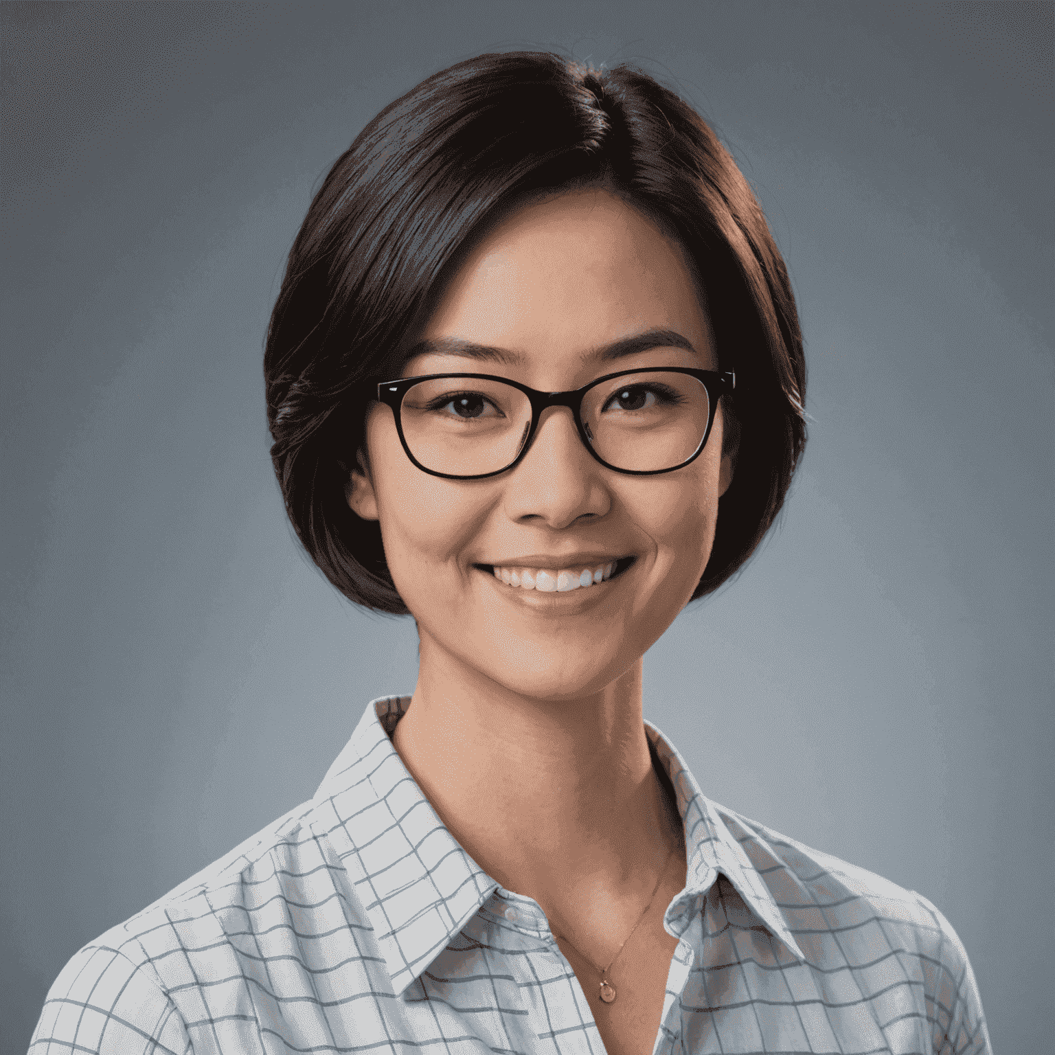 A professional headshot of Sarah Chen, a woman in her early 30s with short black hair and glasses, wearing a casual tech company style shirt, smiling at the camera