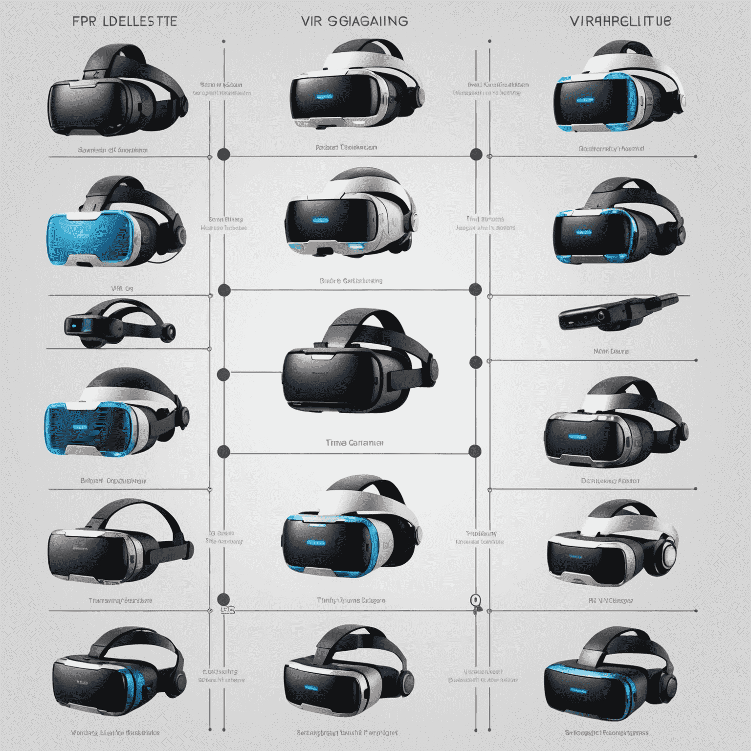 A timeline showing the progression of VR gaming technology from early prototypes to modern, sleek headsets. Various VR games are displayed across the timeline.