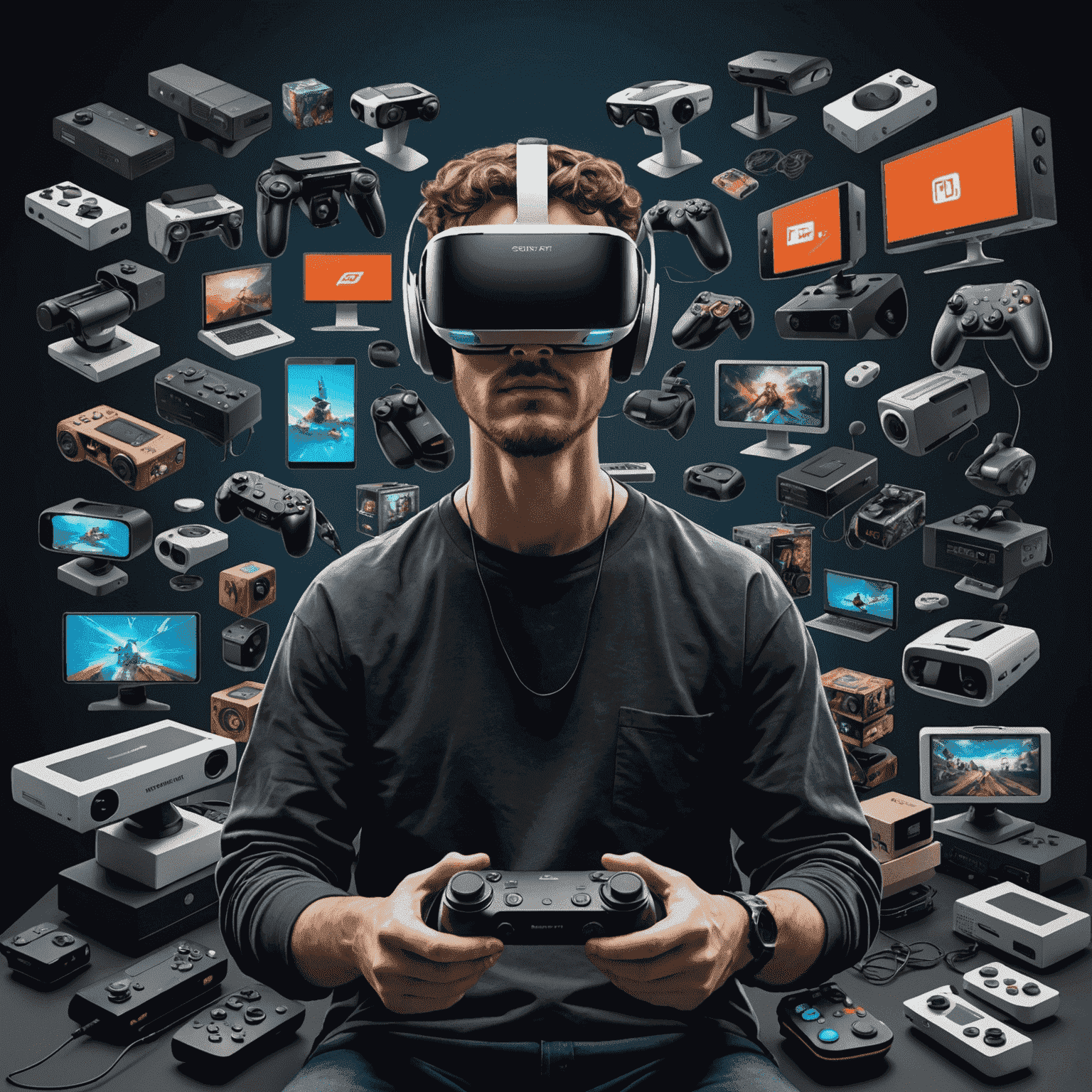 A person wearing a VR headset, surrounded by various gaming consoles representing different eras of gaming history