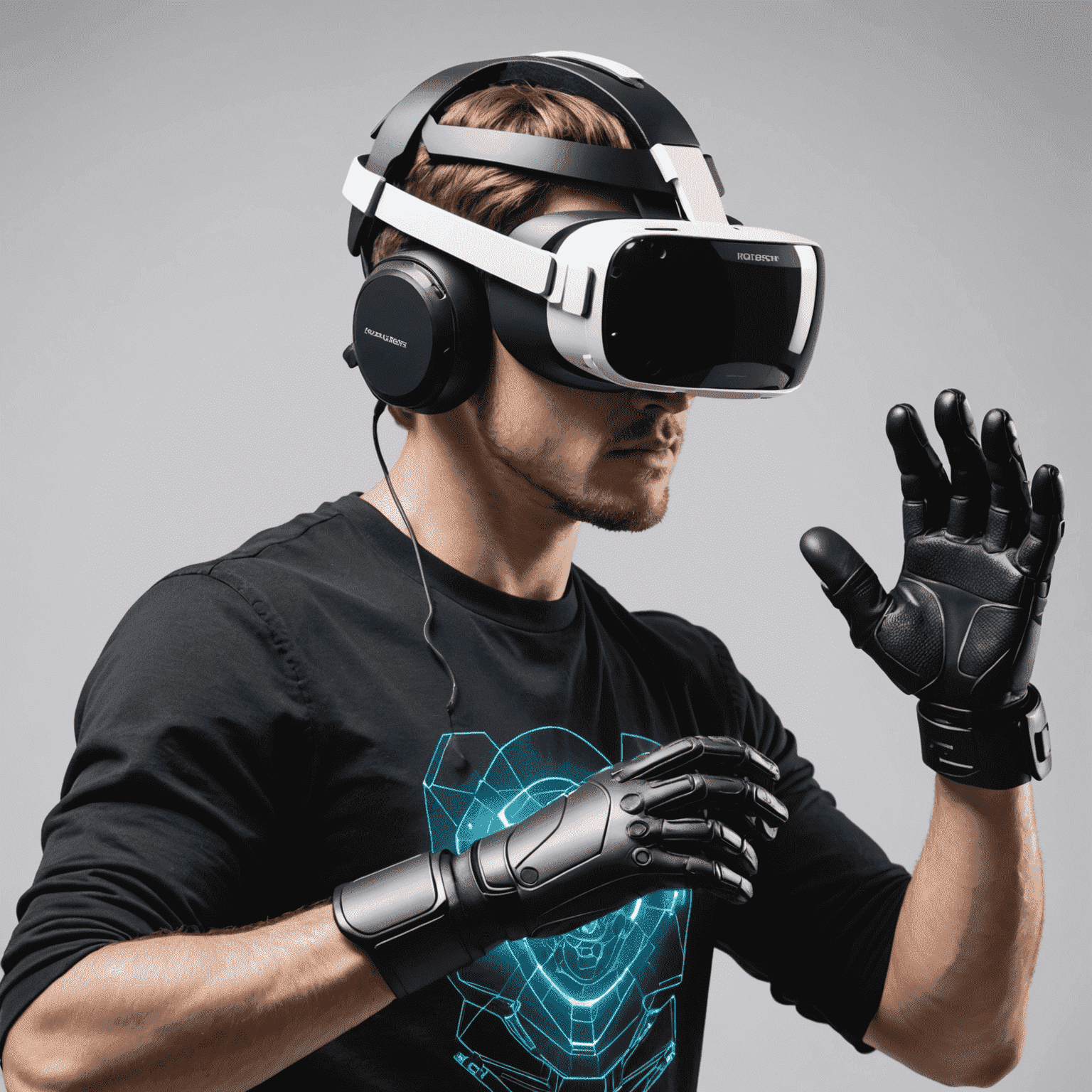 A futuristic VR headset with advanced haptic gloves and a brain-computer interface device, showcasing the next generation of virtual reality gaming technology