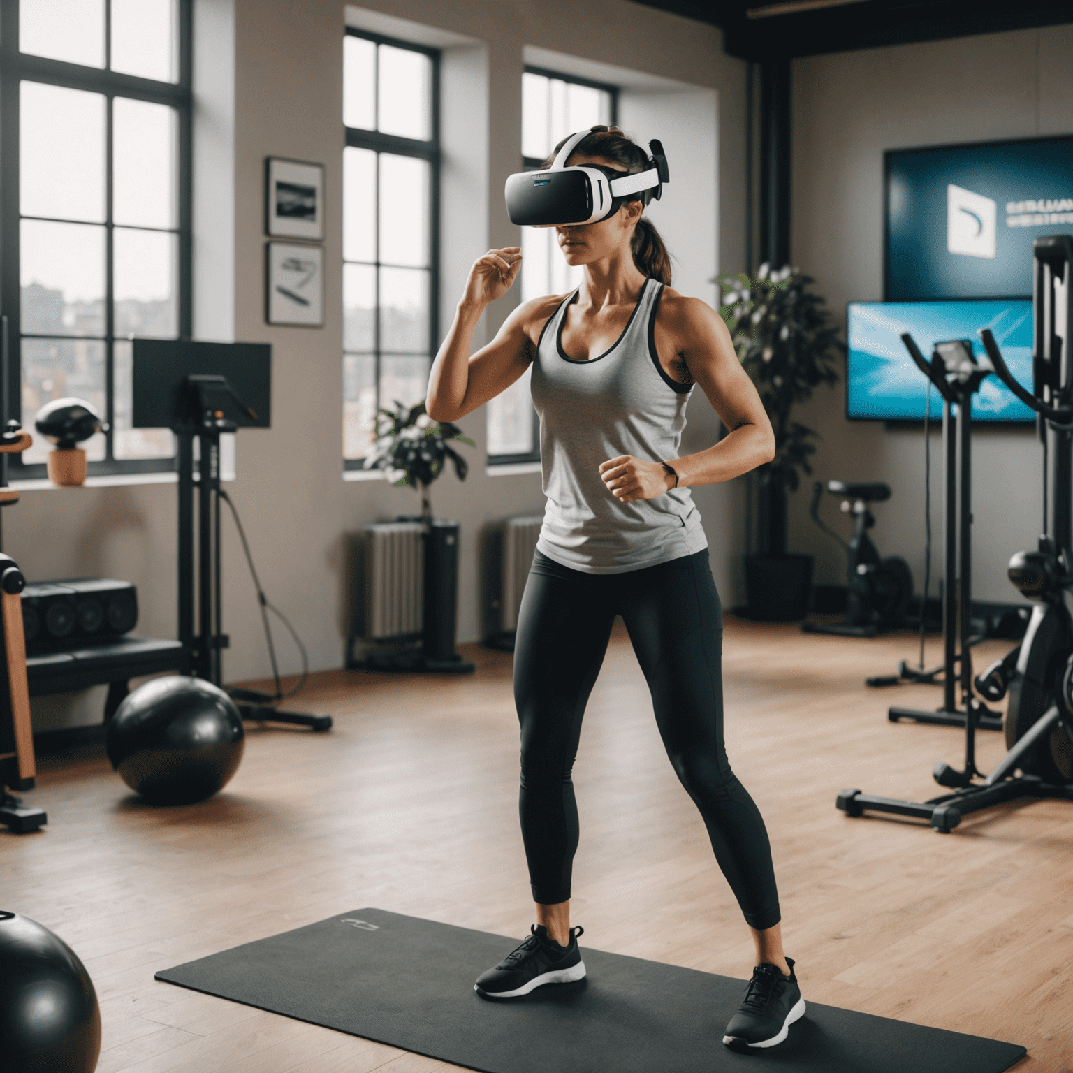 A person wearing a VR headset, engaged in an active fitness game, surrounded by virtual exercise equipment