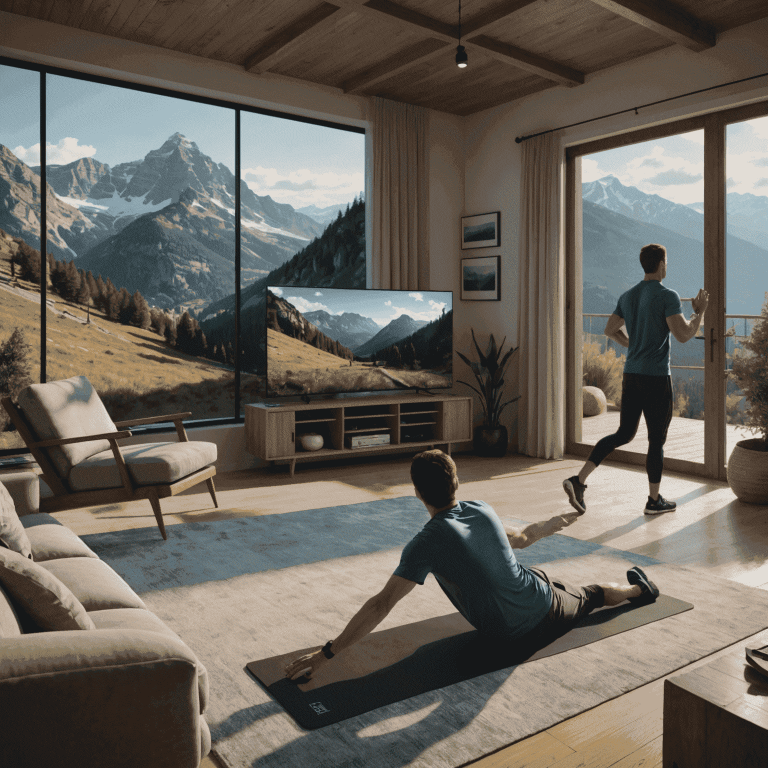 Split screen showing a user exercising in their living room and the corresponding virtual environment in Supernatural, featuring a scenic mountain landscape