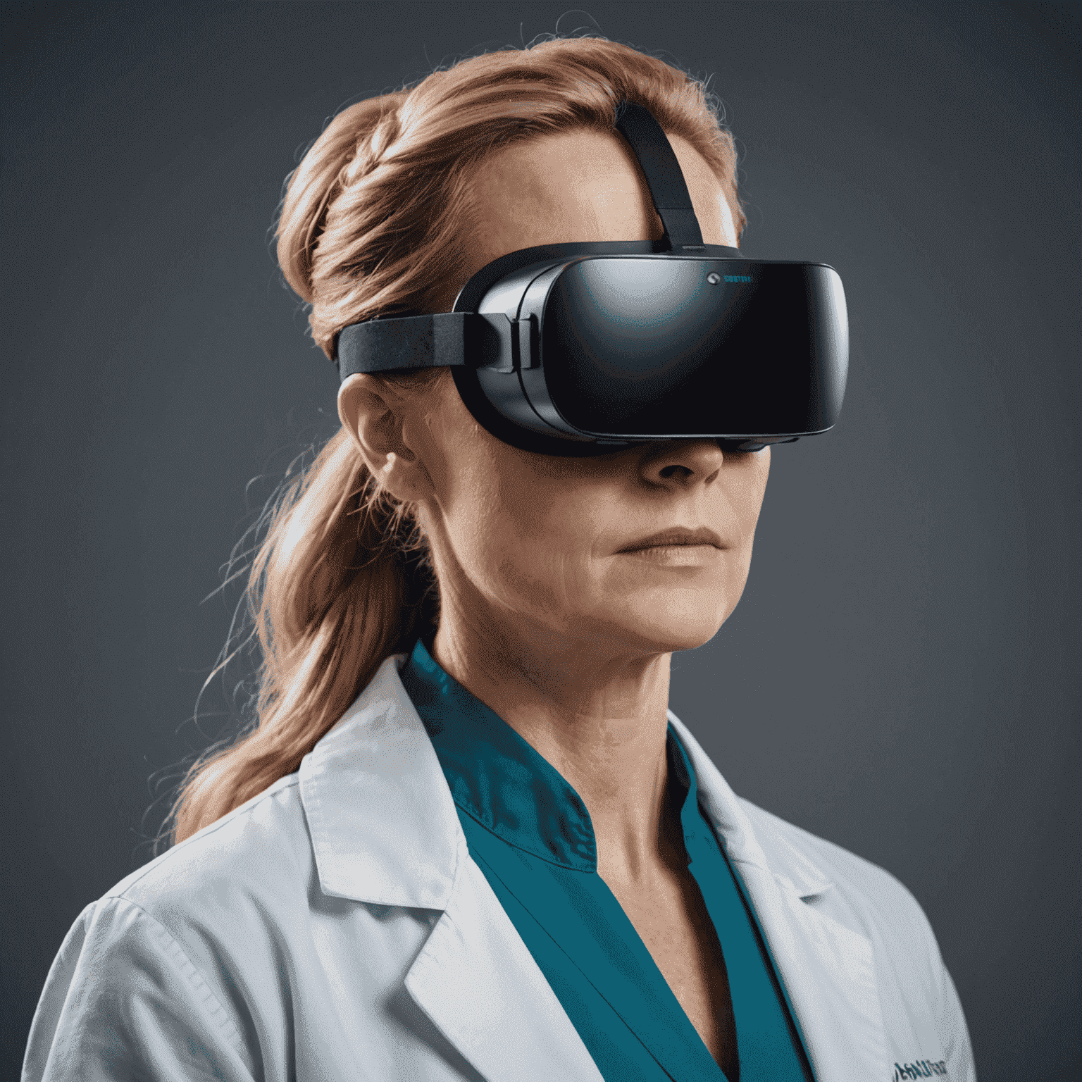 A professional headshot of Dr. Emily Watson, a woman in her mid-40s with long blonde hair tied back, wearing a lab coat and VR headset pushed up on her forehead, looking intently at something off-camera