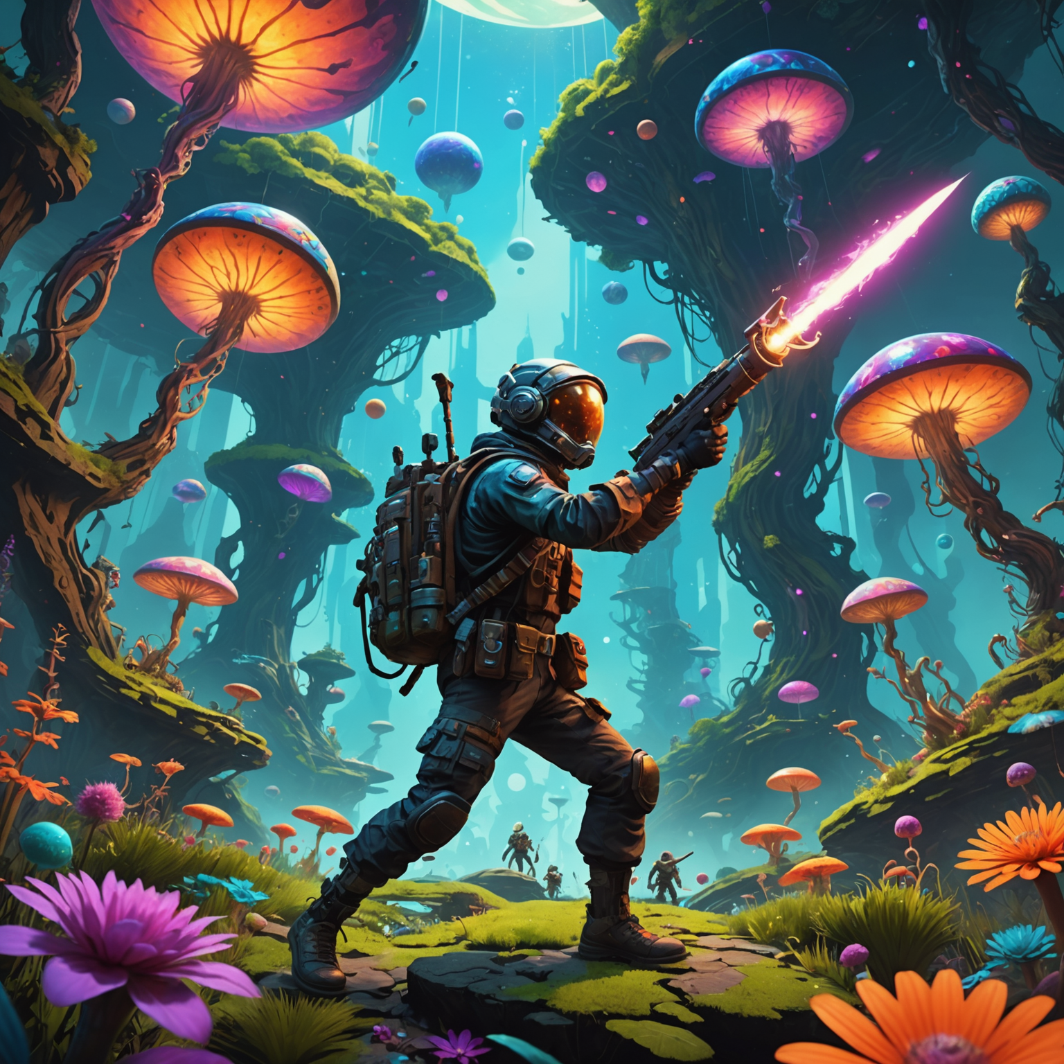 A player wielding an otherworldly weapon in a psychedelic, gravity-defying environment filled with strange creatures and floating objects